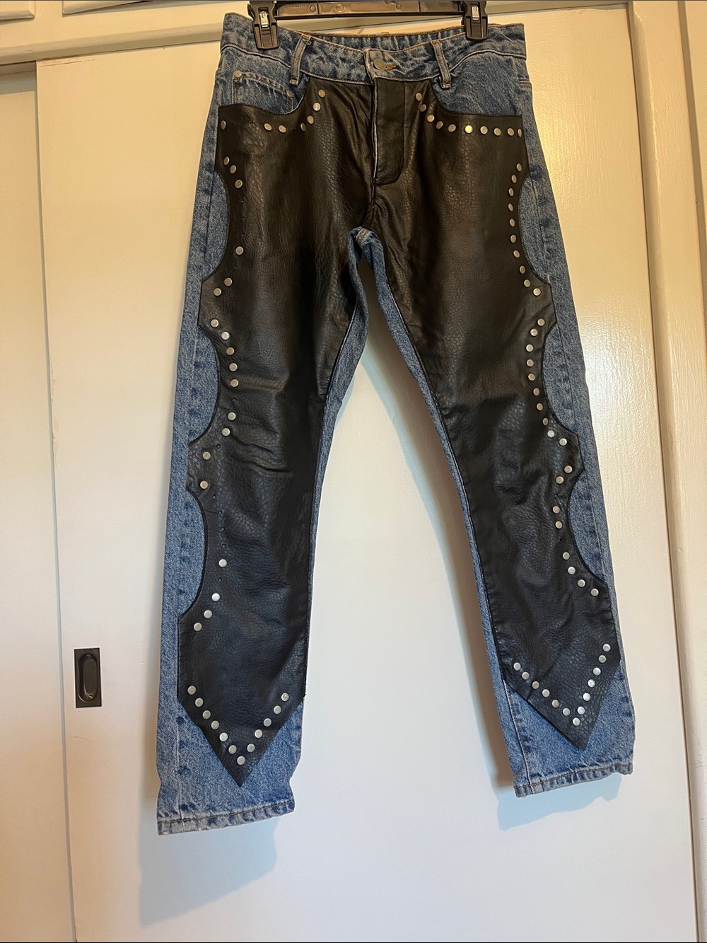 ASOS Black Leather-Panel Blue Denim Slim Straight Jeans